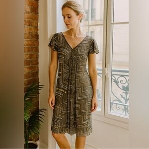 J. Jill 100% Silk Geometric Dots Brown Neutral V Neck Short Sleeve Dress Sz 18W